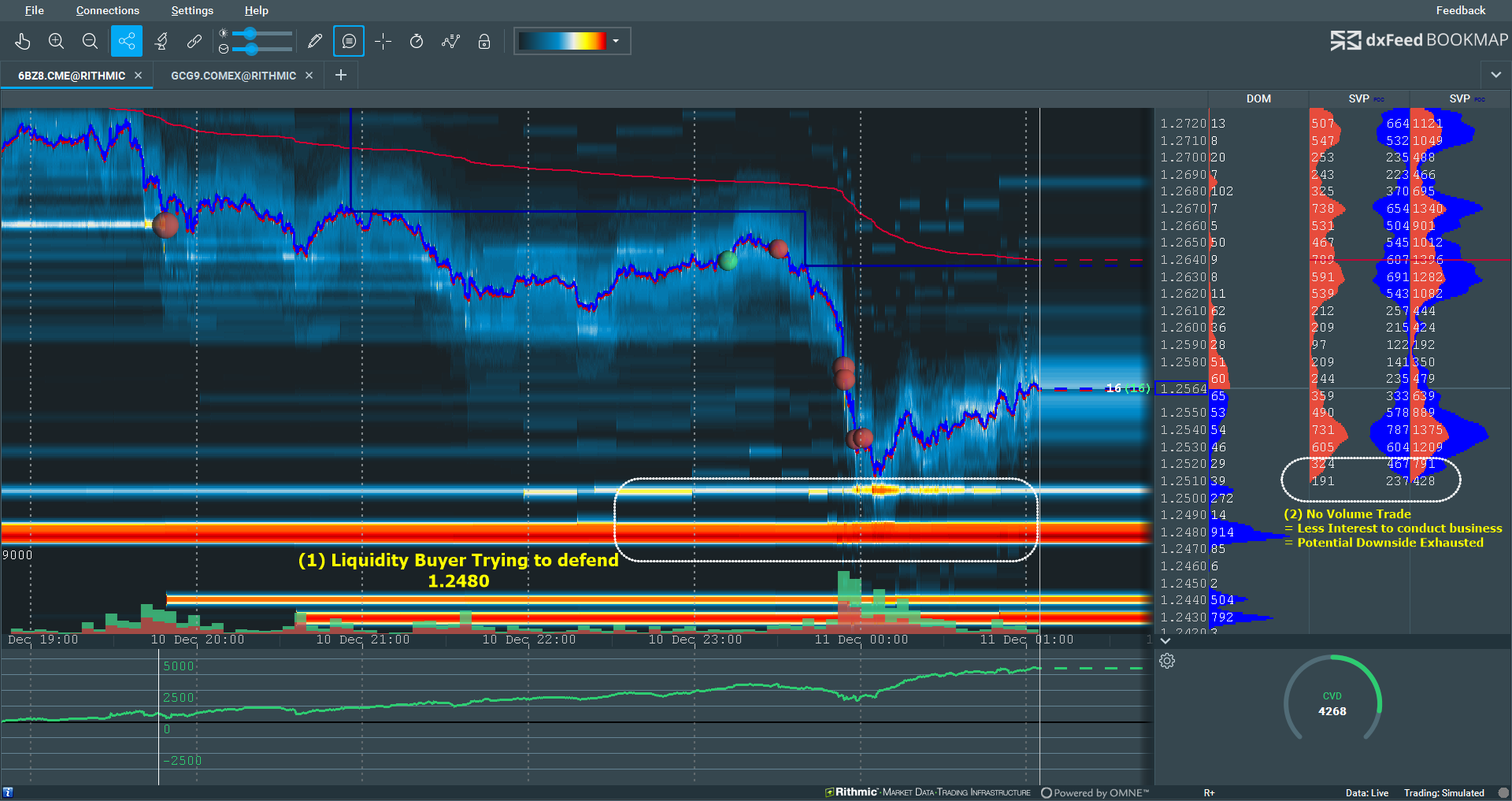<p style="text-align: center;"><em> Figure 2. Bookmap displays </em>the liquidity<em> in the market. Strong buying liquidity at the key level and the volume traded help to confirm that the trend reaches exhaustion</em></p>
