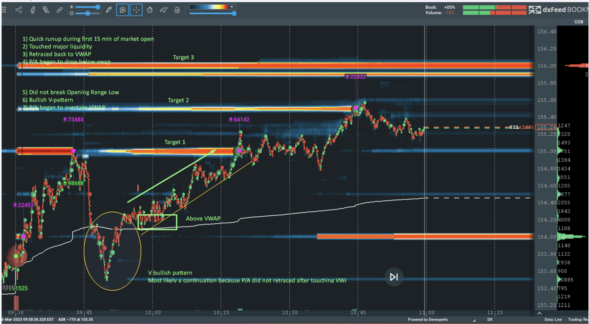 <p><i><span style="font-weight: 400;">Image 1: “I saw the V pattern… I couldn’t tell if it was bullish or bearish at the time when I was trading but I saw the Opening range low was not broken… Then p/a went above (the) vwap then I knew it was a bullish pattern and went long.” – JayLa</span></i></p>